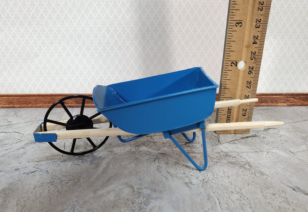 Dollhouse Wheelbarrow Metal Blue Wood Handles 1:12 Scale Miniature Fairy Garden - Miniature Crush