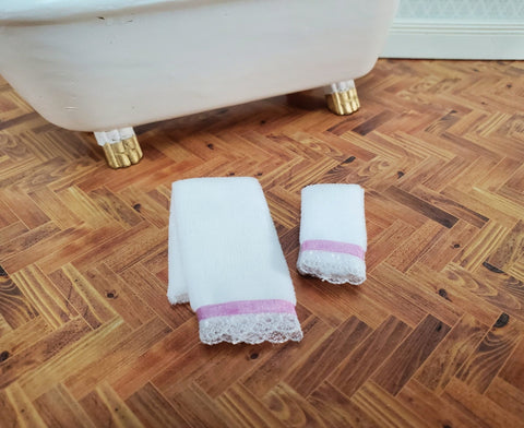 Dollhouse White Bath Towels with Lace and Pink Ribbon Set of 2 1:12 Scale Miniature Bathroom - Miniature Crush