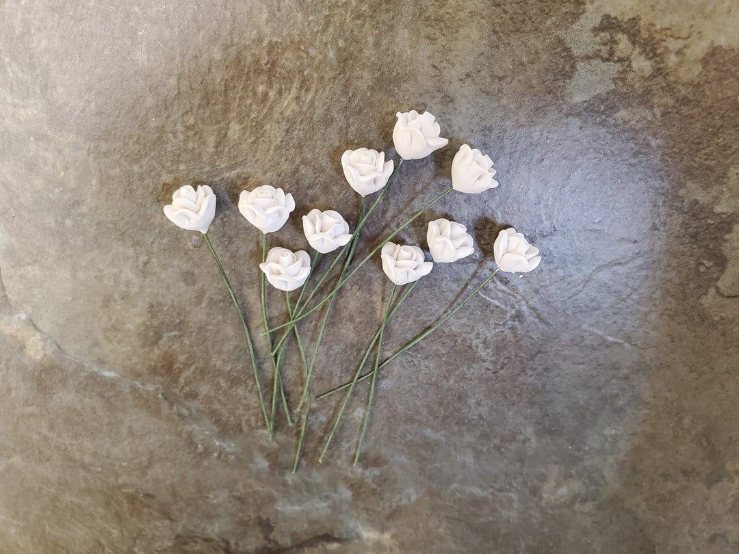 Dollhouse White Roses Flowers Set of 10 with Stems 1:12 Scale Miniature Garden - Miniature Crush