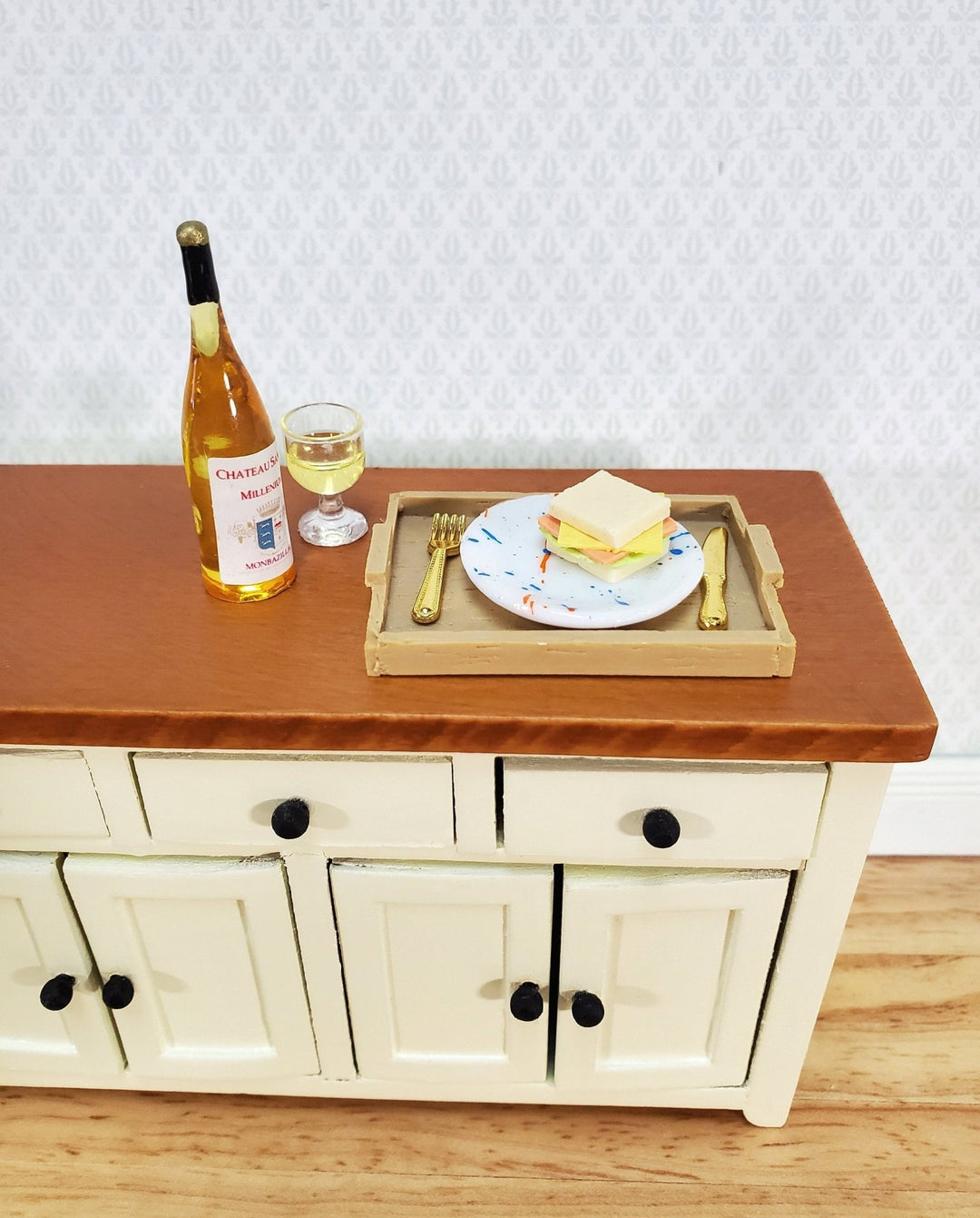 Dollhouse Wine Bottle Glass Sandwich and Tray 1:12 Scale Miniature Food & Drink - Miniature Crush