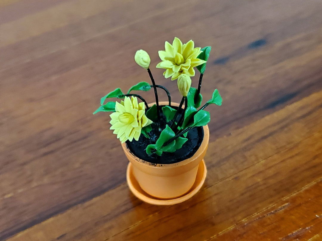 Dollhouse Yellow Flowers Zinnias Plant in Terra Cotta Planter Pot 1:12 Scale Garden Flowers by Falcon Miniatures - Miniature Crush