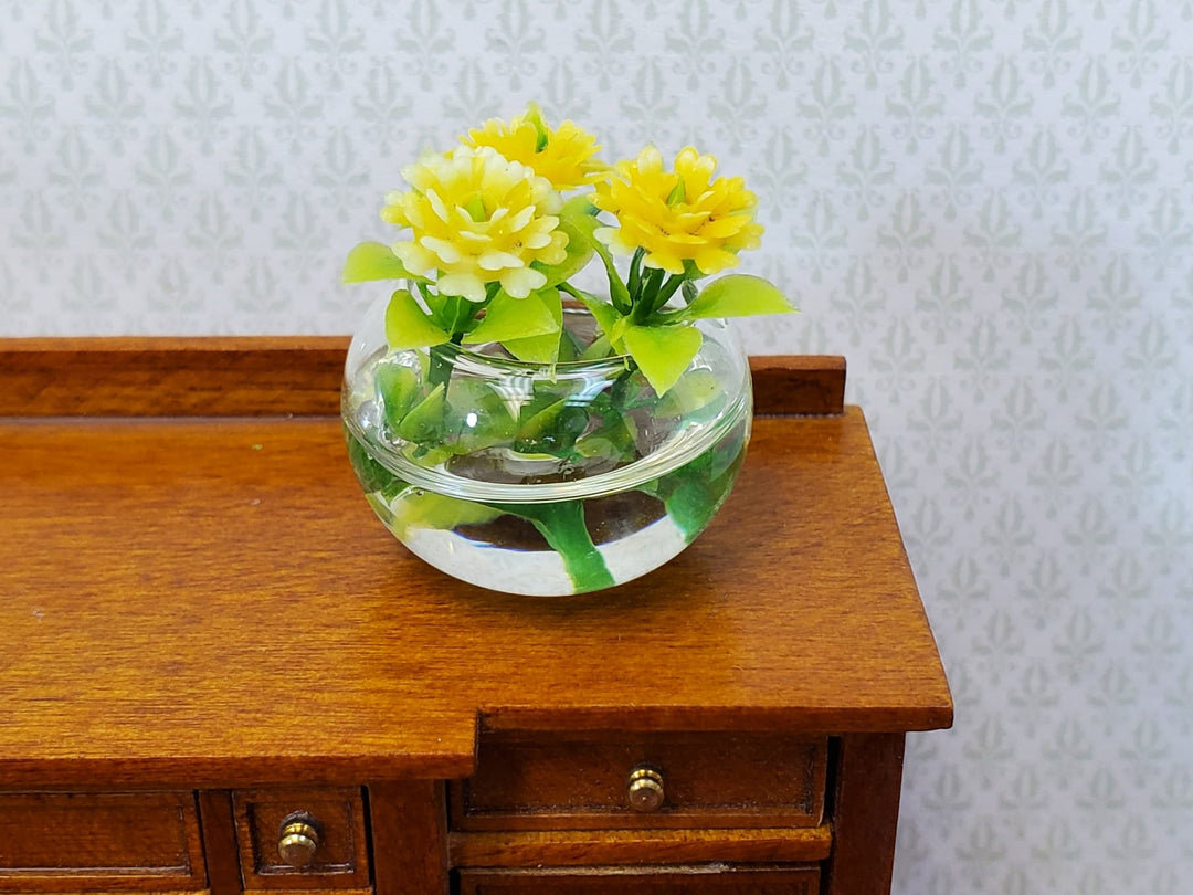 Dollhouse Yellow Mums Flowers in Clear Glass Bowl with "Water" 1:12 Scale Miniature - Miniature Crush