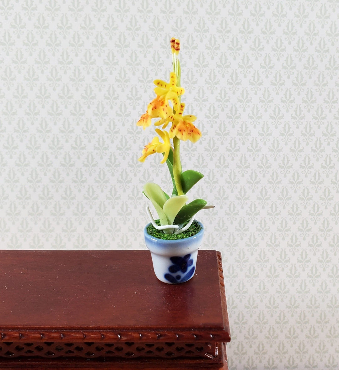 Dollhouse Yellow Orchid Plant in Ceramic Planter 1:12 Scale Miniature Flowers - Miniature Crush