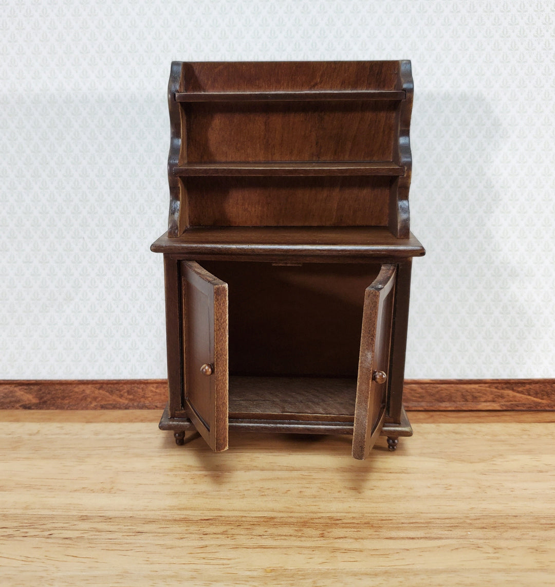Dollhouse Tall Hutch Cabinet with Shelves Dark Walnut Finish 1:12 Scale Furniture