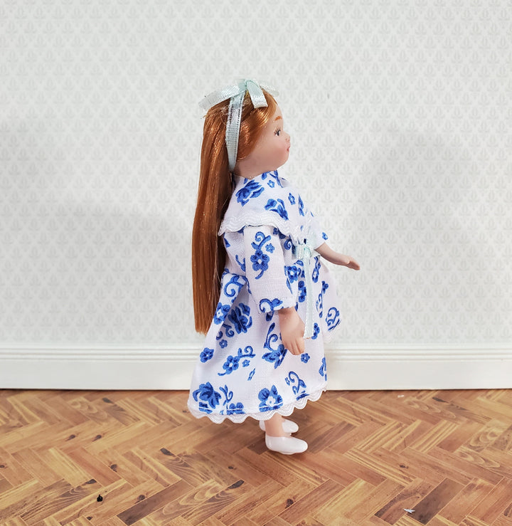 Dollhouse Miniature Girl Doll Long Hair Strawberry Blond Porcelain Poseable 1:12 Scale Blue & White Dress