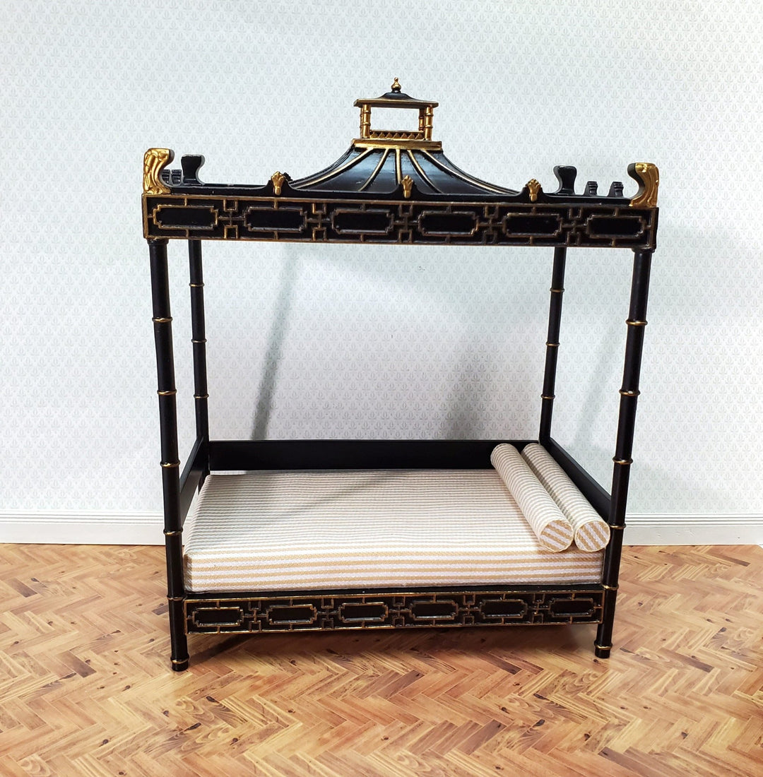 JBM Dollhouse Bed Qing Dynasty Style Black Gold 1:12 Miniature Bedroom Furniture - Miniature Crush