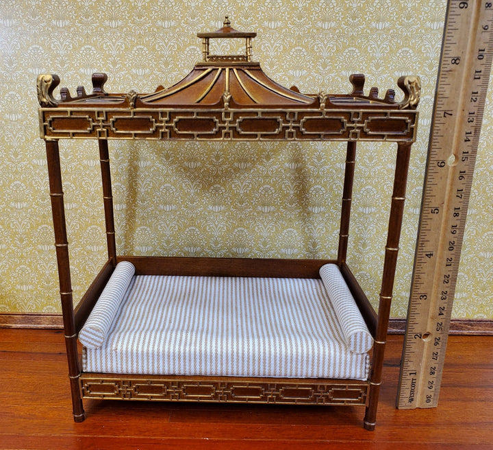 JBM Dollhouse Bed Qing Dynasty Style Walnut & Gold 1:12 Miniature Bedroom Furniture - Miniature Crush