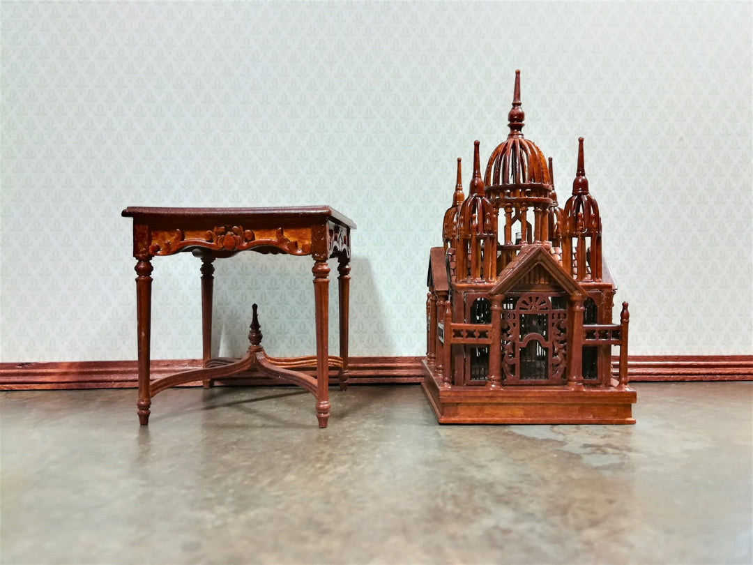 JBM Dollhouse Birdcage with Table Large 1:12 Scale Miniature Walnut Finish - Miniature Crush
