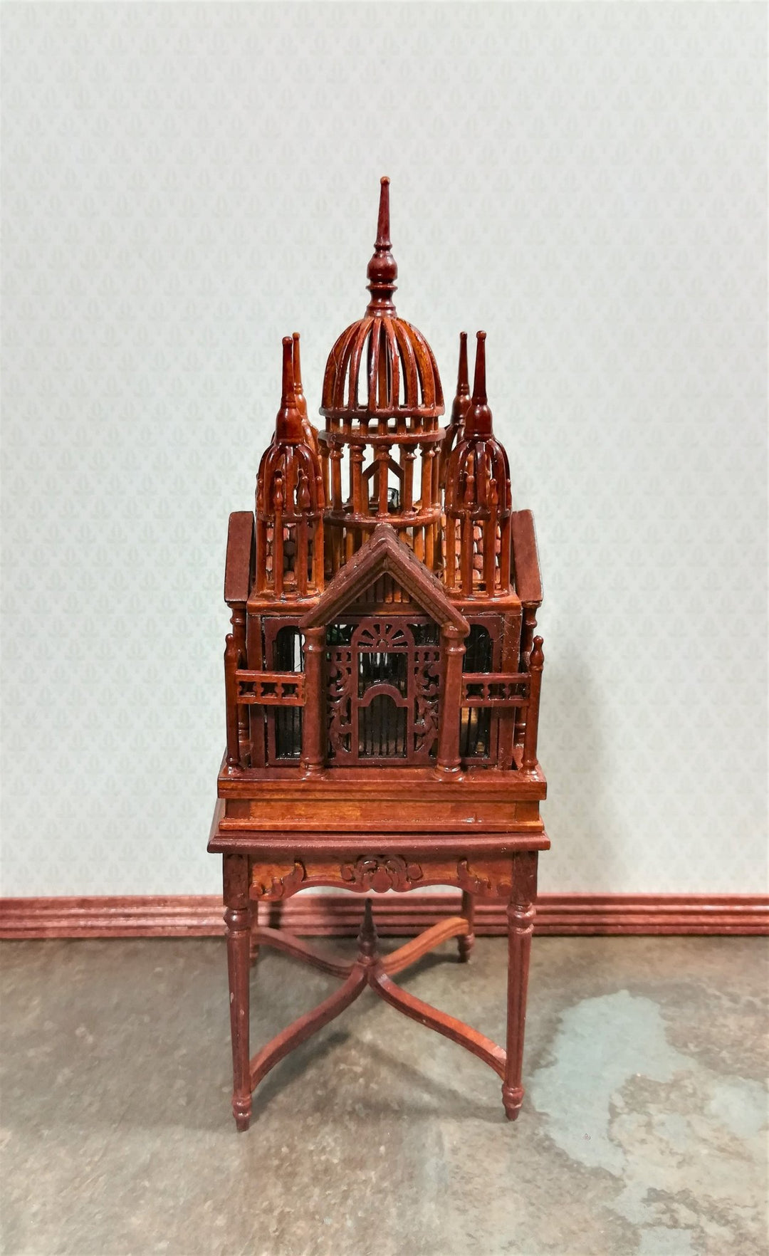 JBM Dollhouse Birdcage with Table Large 1:12 Scale Miniature Walnut Finish - Miniature Crush