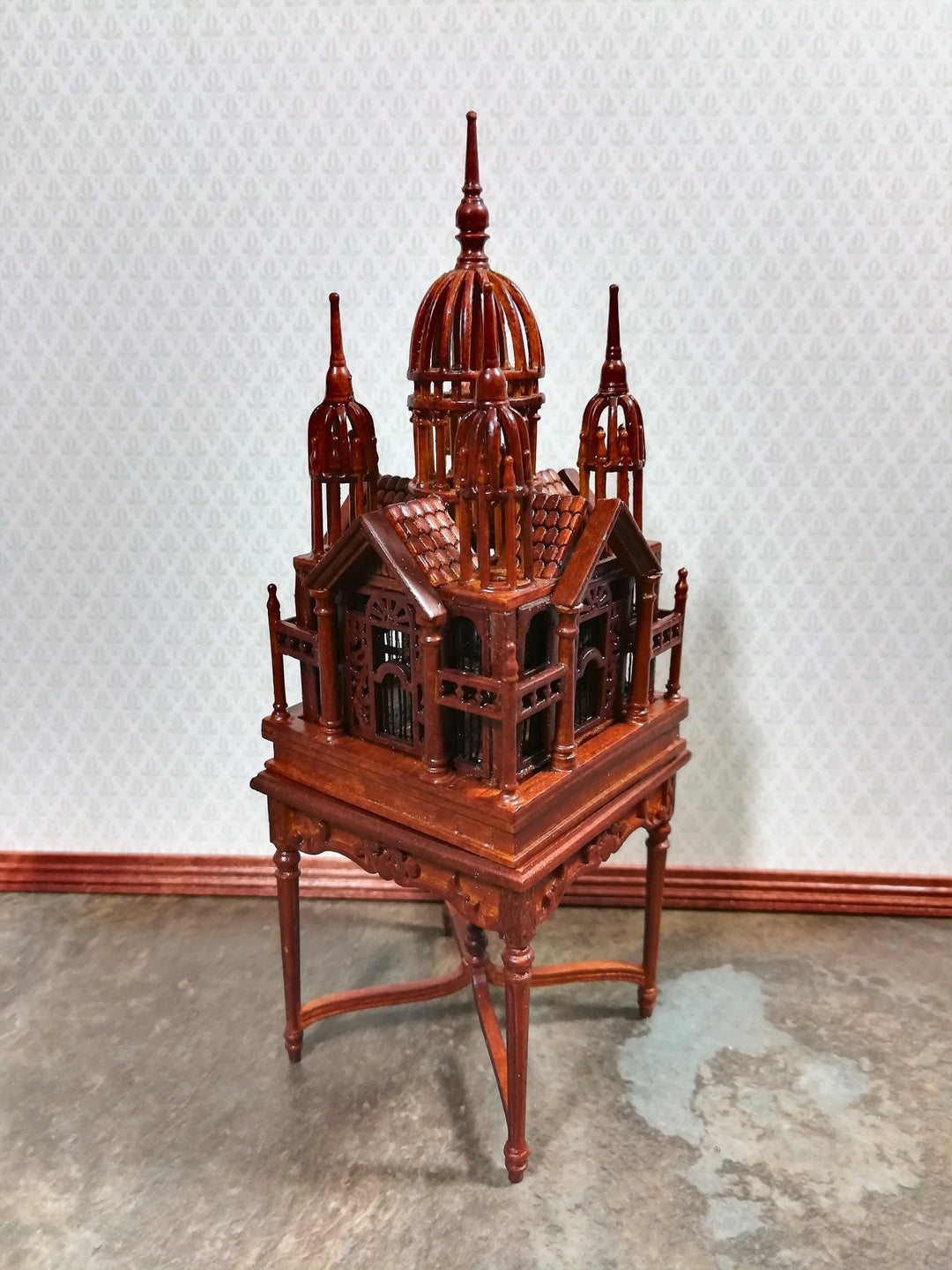 JBM Dollhouse Birdcage with Table Large 1:12 Scale Miniature Walnut Finish - Miniature Crush