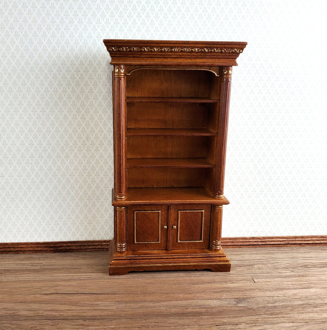 JBM Dollhouse Bookcase Large Walnut Finish Gold Accents 1:12 Scale Miniature Furniture - Miniature Crush