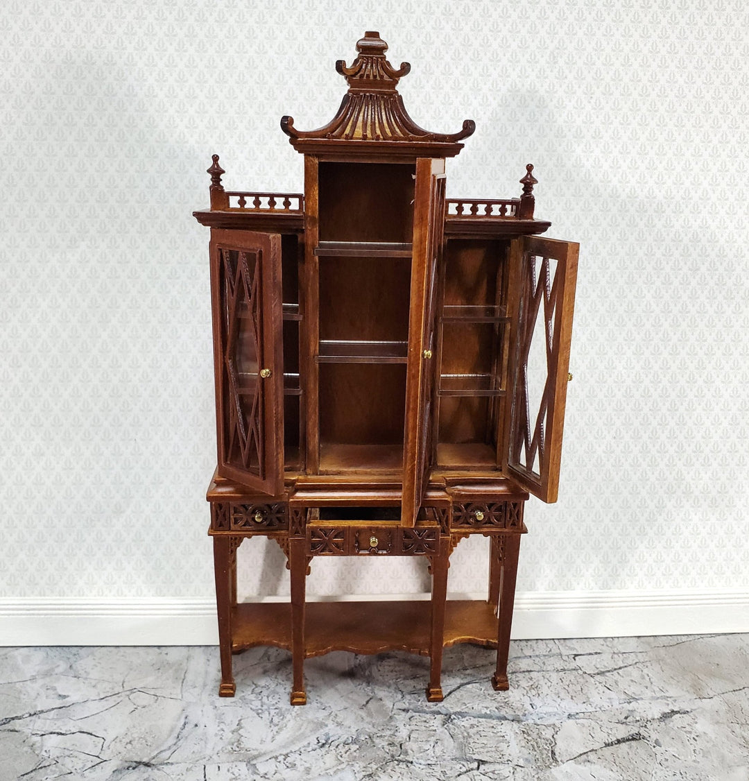 JBM Dollhouse Breakfront Display Cabinet Chippendale Style 1:12 Scale Furniture Walnut Finish - Miniature Crush