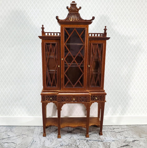 JBM Dollhouse Breakfront Display Cabinet Chippendale Style 1:12 Scale Furniture Walnut Finish - Miniature Crush