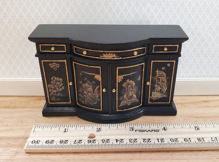 JBM Dollhouse Buffet Credenza Asian Style Black & Gold 1:12 Scale Furniture - Miniature Crush