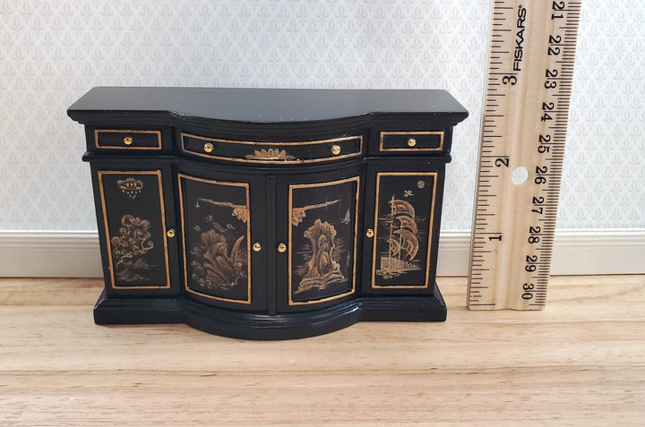 JBM Dollhouse Buffet Credenza Asian Style Black & Gold 1:12 Scale Furniture - Miniature Crush