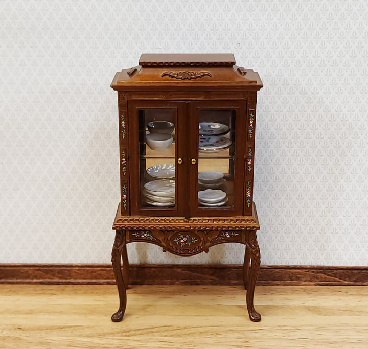 JBM Dollhouse Display Cabinet Hand Painted Details 1:12 Scale Furniture Walnut Finish - Miniature Crush