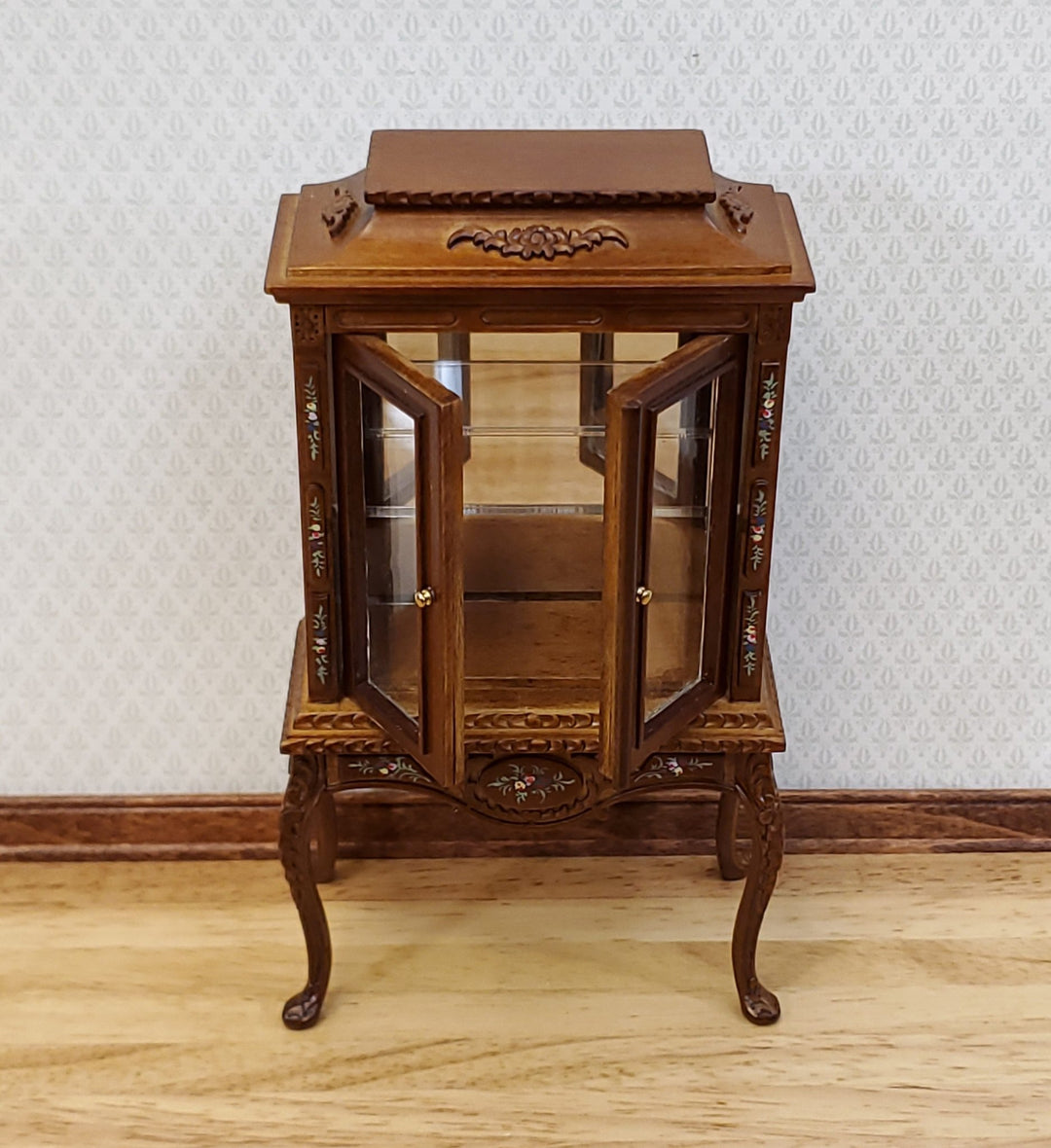 JBM Dollhouse Display Cabinet Hand Painted Details 1:12 Scale Furniture Walnut Finish - Miniature Crush