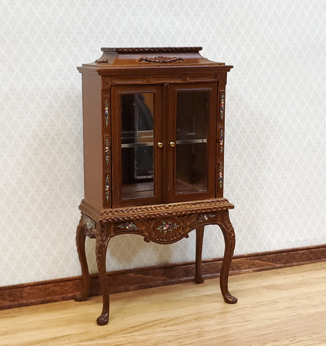 JBM Dollhouse Display Cabinet Hand Painted Details 1:12 Scale Furniture Walnut Finish - Miniature Crush