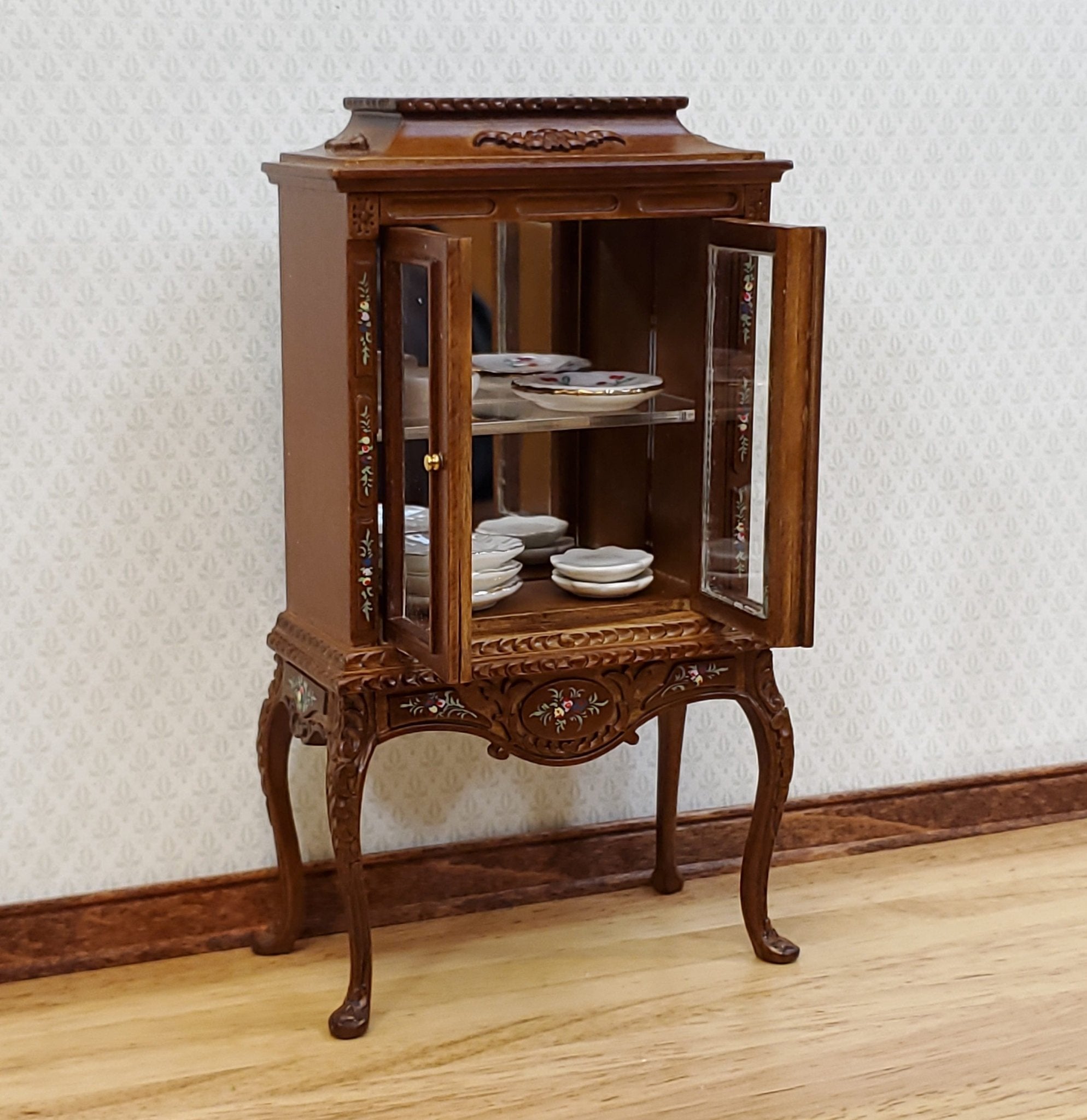 JBM Dollhouse Display Cabinet Hand Painted Details 1 12 Scale Furniture Walnut Finish