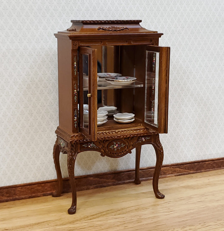 JBM Dollhouse Display Cabinet Hand Painted Details 1:12 Scale Furniture Walnut Finish - Miniature Crush