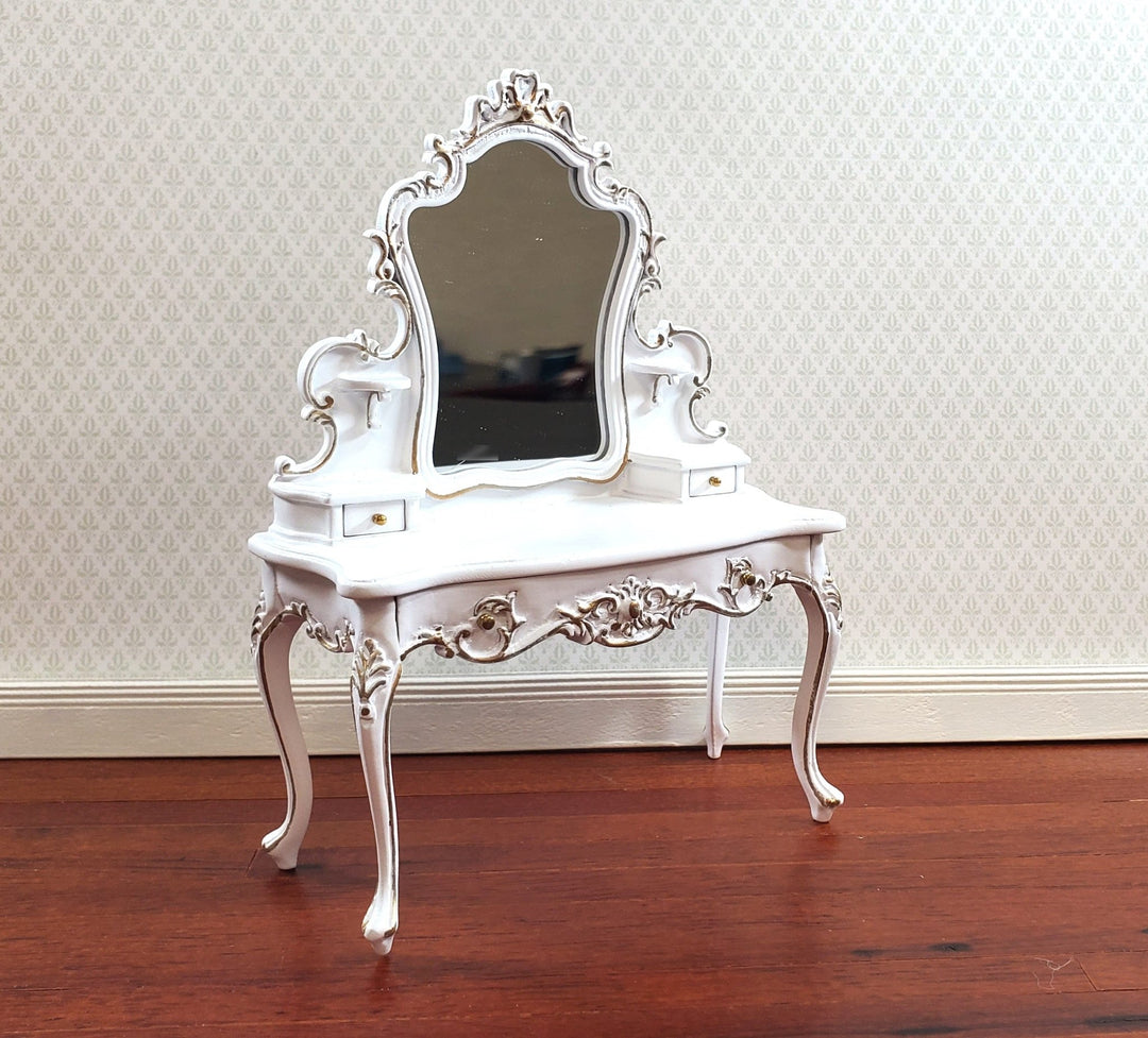 JBM Dollhouse Dressing Table Vanity White and Gold 1:12 Scale Miniature Furniture - Miniature Crush