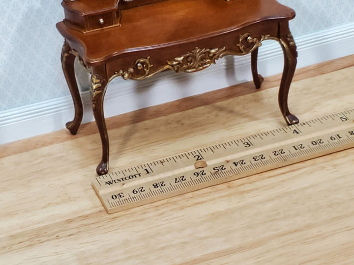 JBM Dollhouse Dressing Table Vanity with Gold Accents 1:12 Scale Miniature Furniture Walnut Finish - Miniature Crush
