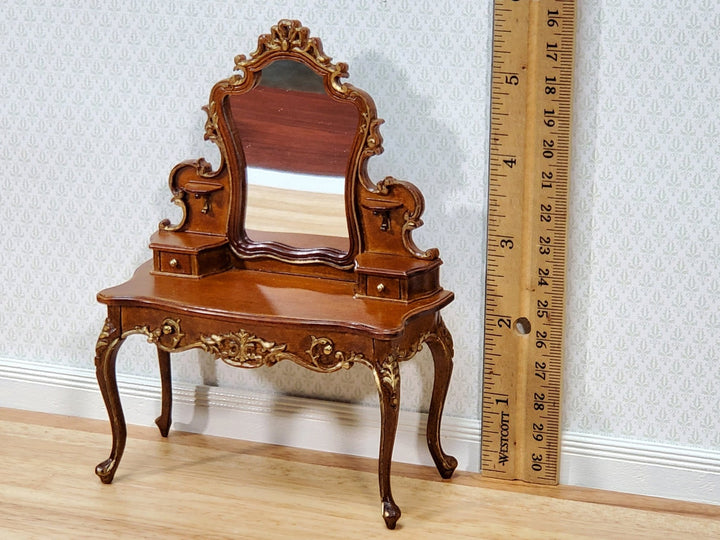 JBM Dollhouse Dressing Table Vanity with Gold Accents 1:12 Scale Miniature Furniture Walnut Finish - Miniature Crush