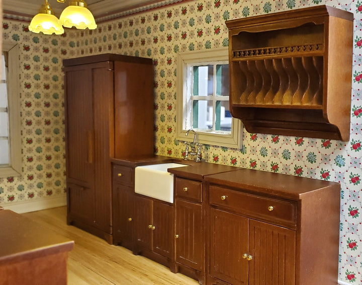 JBM Dollhouse Kitchen Set 9 Pieces Stove Sink Cupboards Fridge Walnut 1:12 Scale - Miniature Crush