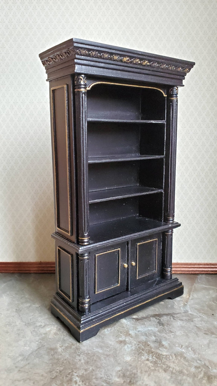 JBM Dollhouse Miniature Bookcase Black with Gold Accents 1:12 Scale Furniture - Miniature Crush