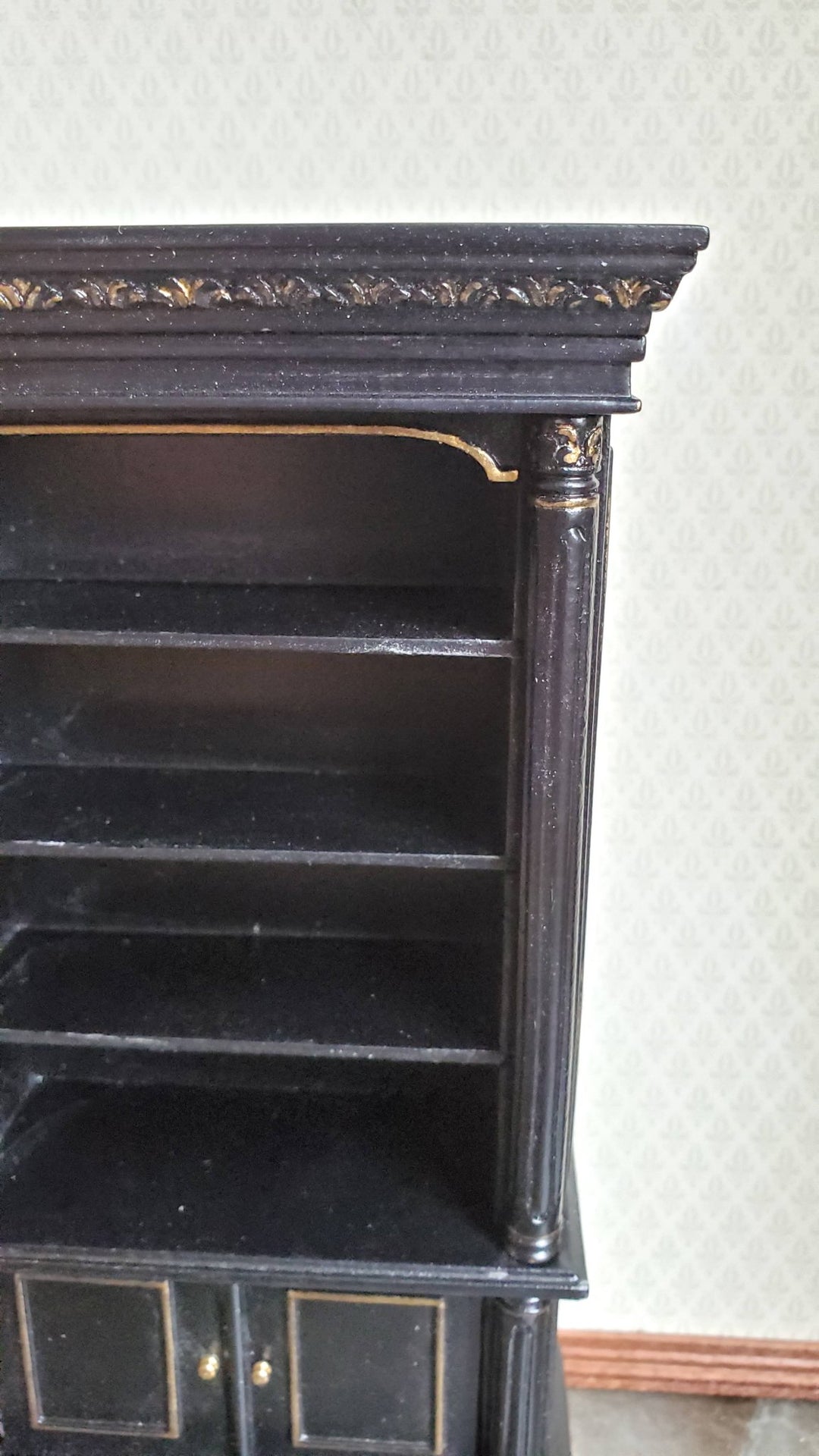 JBM Dollhouse Miniature Bookcase Black with Gold Accents 1:12 Scale Furniture - Miniature Crush