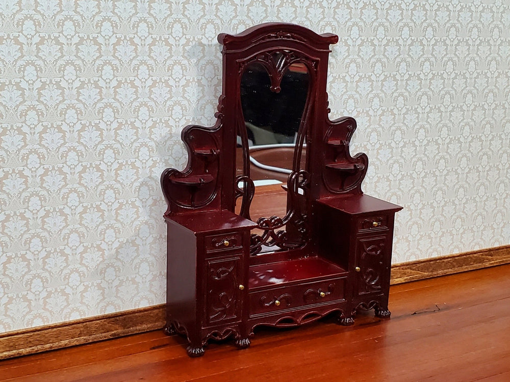 JBM Dollhouse Miniature Dressing Table with Mirror Art Nouvea Style Mahogany Finish 1:12 Scale Furniture - Miniature Crush