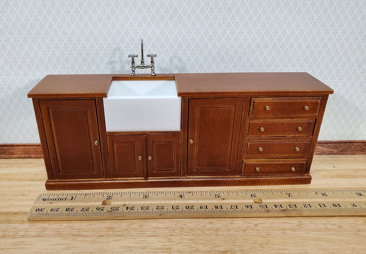 JBM Dollhouse Miniature Kitchen Sink Farmhouse Style Walnut Finish 1:12 Scale Cupboard - Miniature Crush