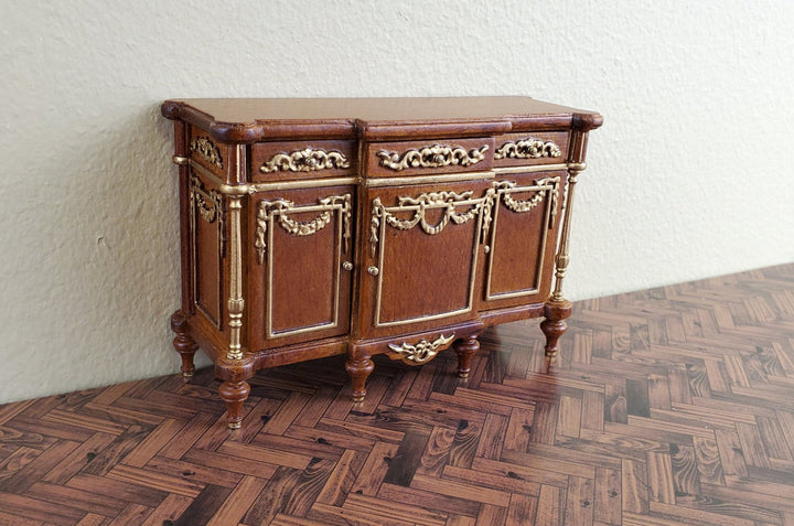 JBM Dollhouse Miniature Sideboard Buffet Walnut Finish Gold Accents 1:12 Scale Furniture - Miniature Crush