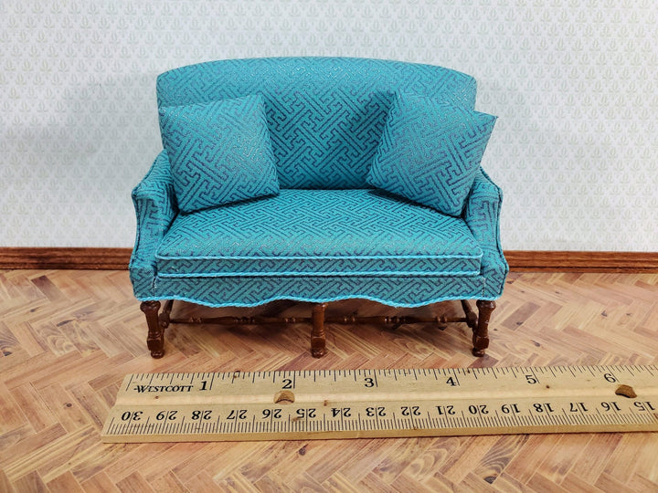 JBM Dollhouse Settee Sofa Jacobean Style Blue 1:12 Scale Miniature Furniture Couch - Miniature Crush