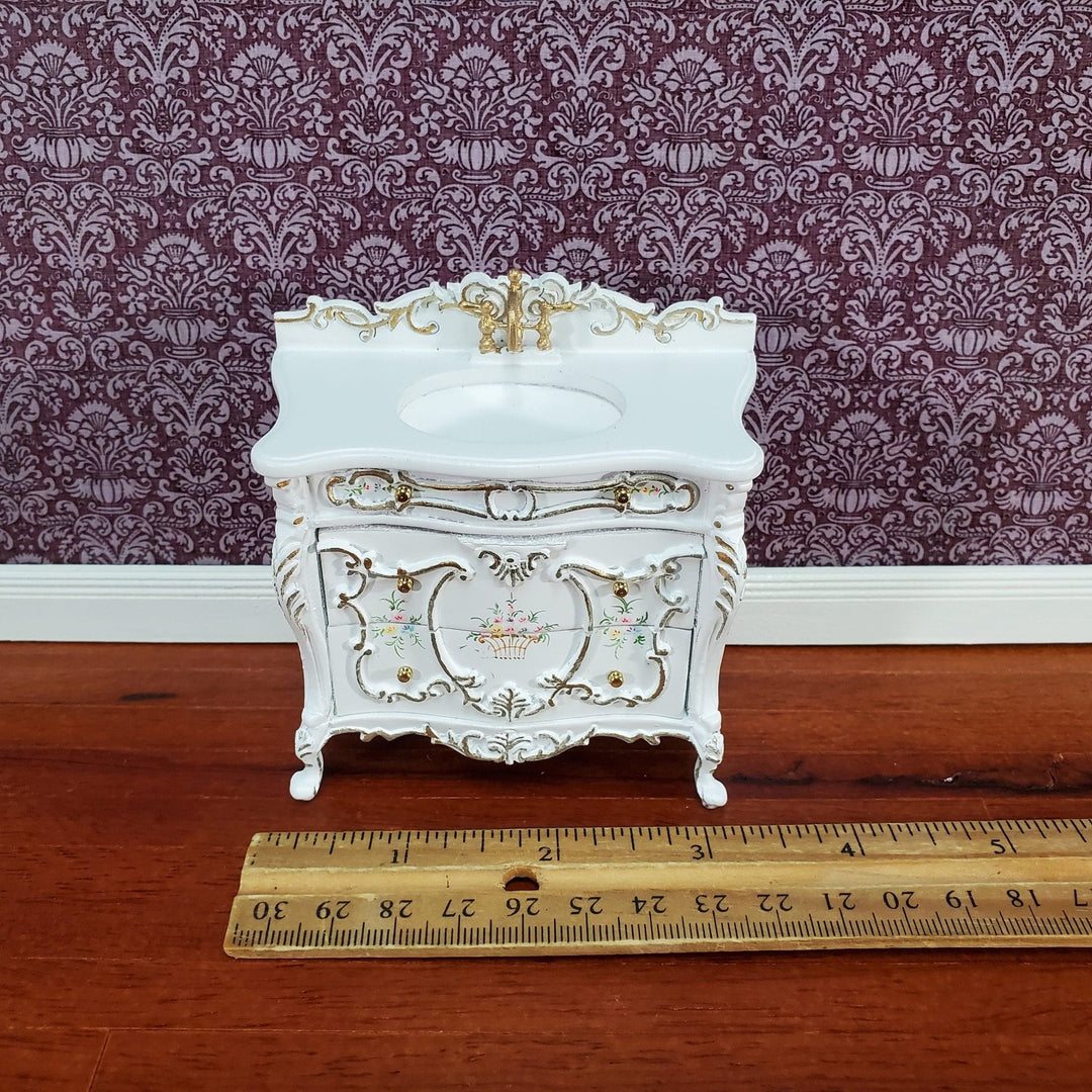 JBM Miniature Bathroom Sink White & Gold Baroque Style 1:12 Scale Dollhouse - Miniature Crush