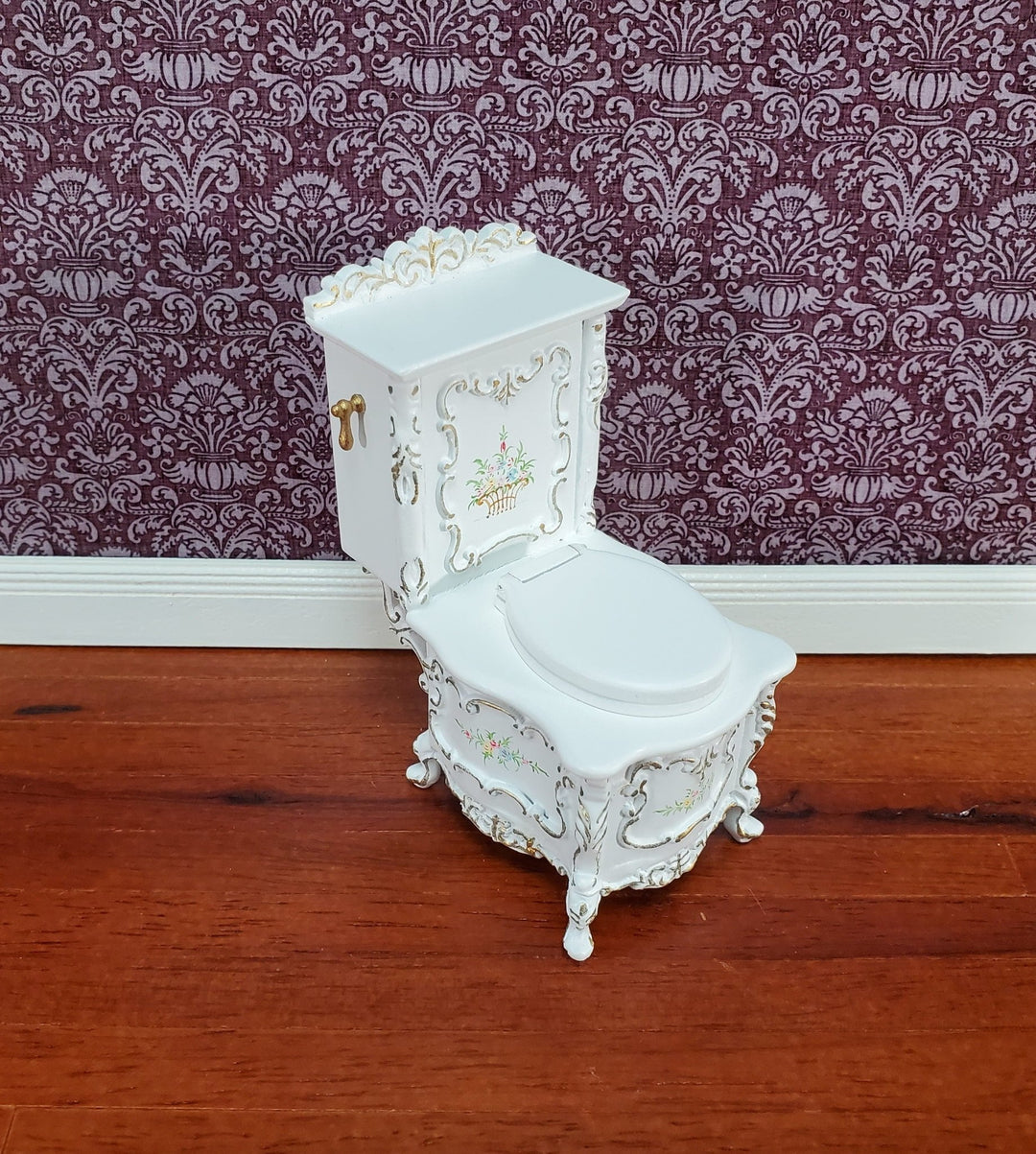 JBM Miniature Bathroom Toilet White & Gold Baroque Style 1:12 Scale Dollhouse - Miniature Crush