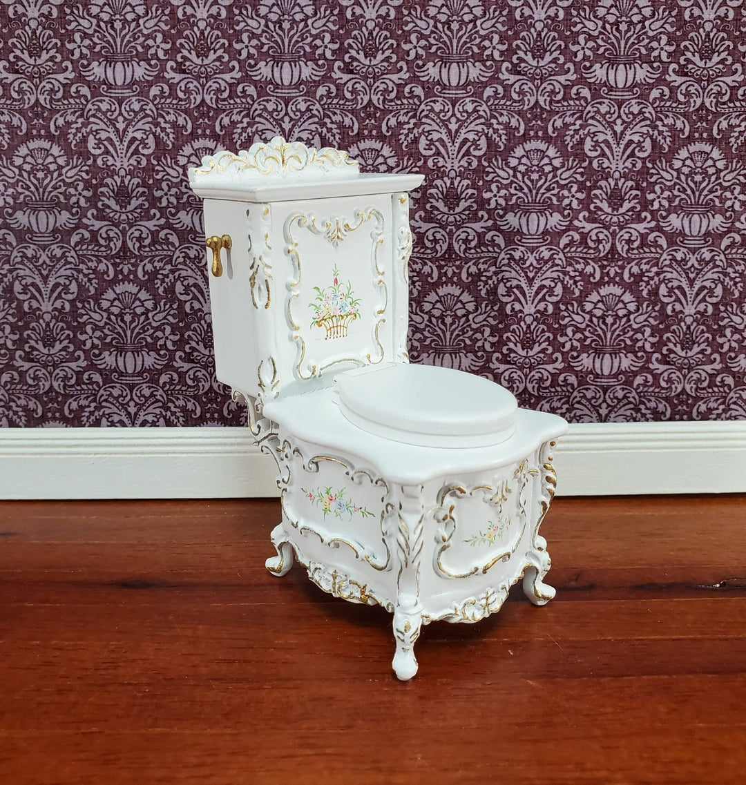 JBM Miniature Bathroom Toilet White & Gold Baroque Style 1:12 Scale Dollhouse - Miniature Crush