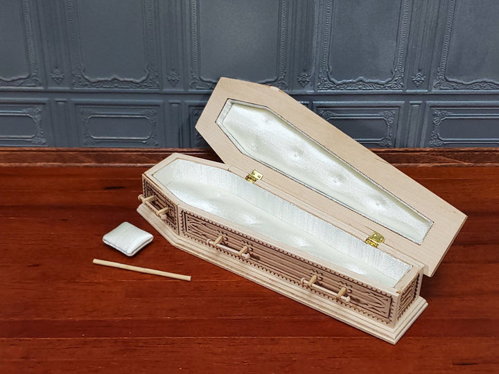 JBM Miniature Coffin Ornate Opens Lined Unpainted Wood Dollhouse 6" Long - Miniature Crush