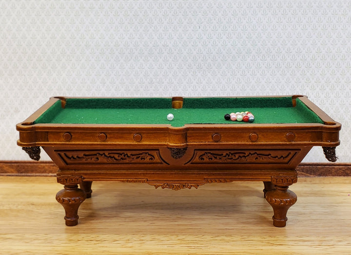 JBM Miniature Pool Table with Cues Balls Large 1:12 Scale Dollhouse Walnut Finish - Miniature Crush