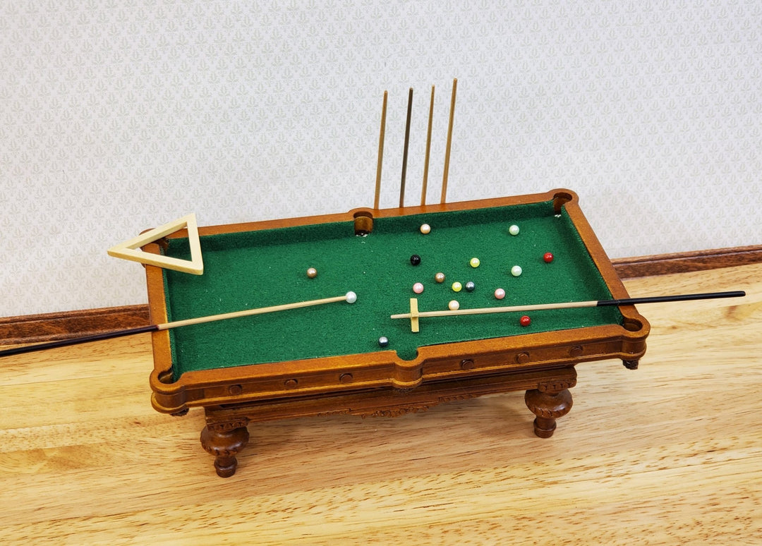 JBM Miniature Pool Table with Cues Balls Large 1:12 Scale Dollhouse Walnut Finish - Miniature Crush