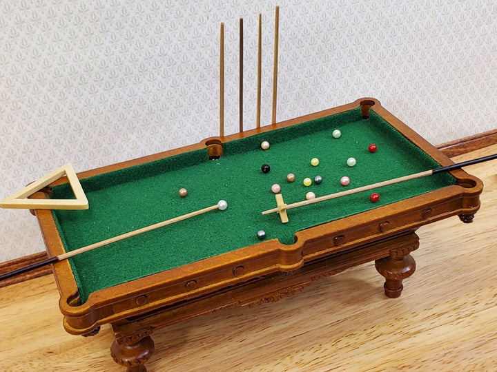 JBM Miniature Pool Table with Cues Balls Large 1:12 Scale Dollhouse Walnut Finish - Miniature Crush