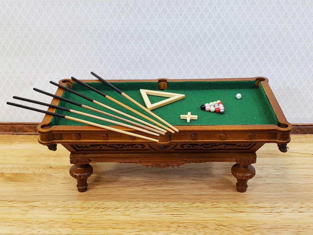 JBM Miniature Pool Table with Cues Balls Large 1:12 Scale Dollhouse Walnut Finish - Miniature Crush