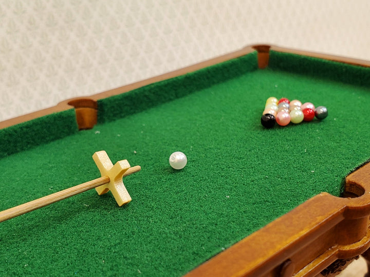 JBM Miniature Pool Table with Cues Balls Large 1:12 Scale Dollhouse Walnut Finish - Miniature Crush