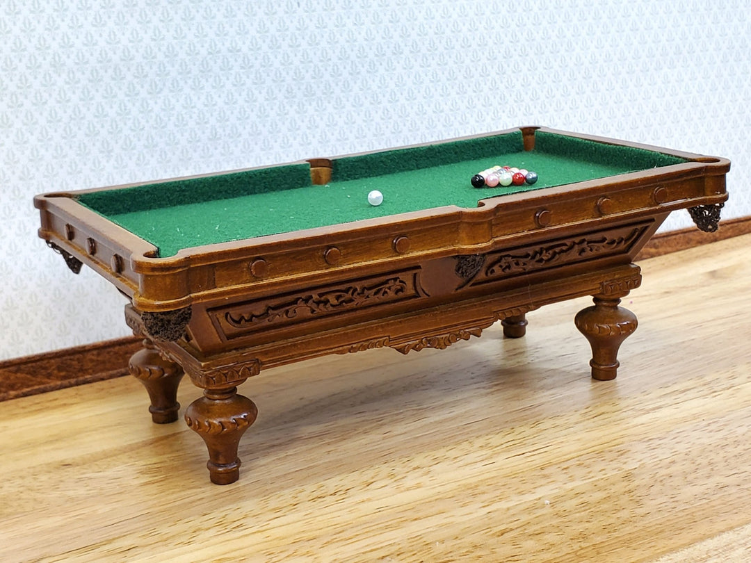 JBM Miniature Pool Table with Cues Balls Large 1:12 Scale Dollhouse Walnut Finish - Miniature Crush