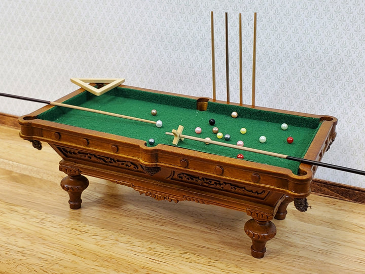 JBM Miniature Pool Table with Cues Balls Large 1:12 Scale Dollhouse Walnut Finish - Miniature Crush