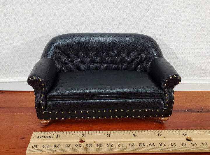 JBM Miniature Sofa Black Tufted Faux Leather 1:12 Scale Dollhouse Furniture - Miniature Crush