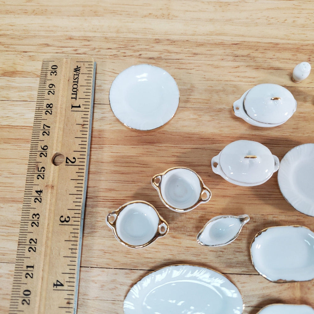 Miniature 1:6 Scale Dinner Set White & Gold Plates Plater Serving Dishes Salt Pepper - Miniature Crush