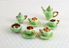 Miniature 1:6 Scale Retro Tea Set Teapot 4 Cups & Saucers Sugar Creamer Green Gold