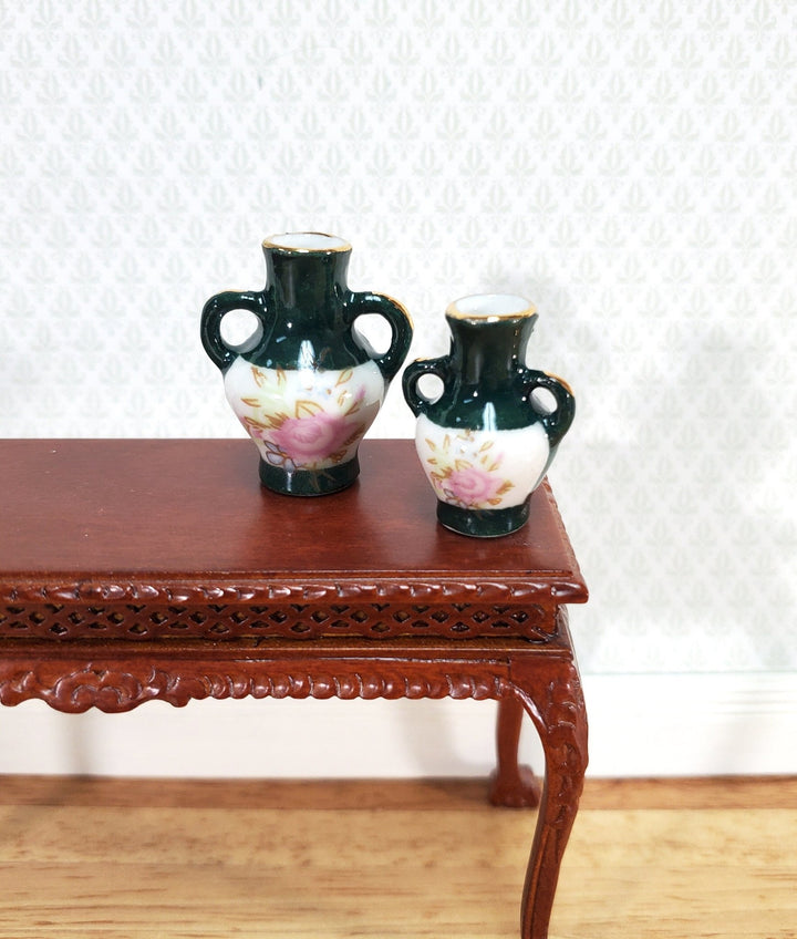 Miniature 2 Handle Vases Large Dark Green & White Set of 2 1:12 Scale Dollhouse Decor - Miniature Crush