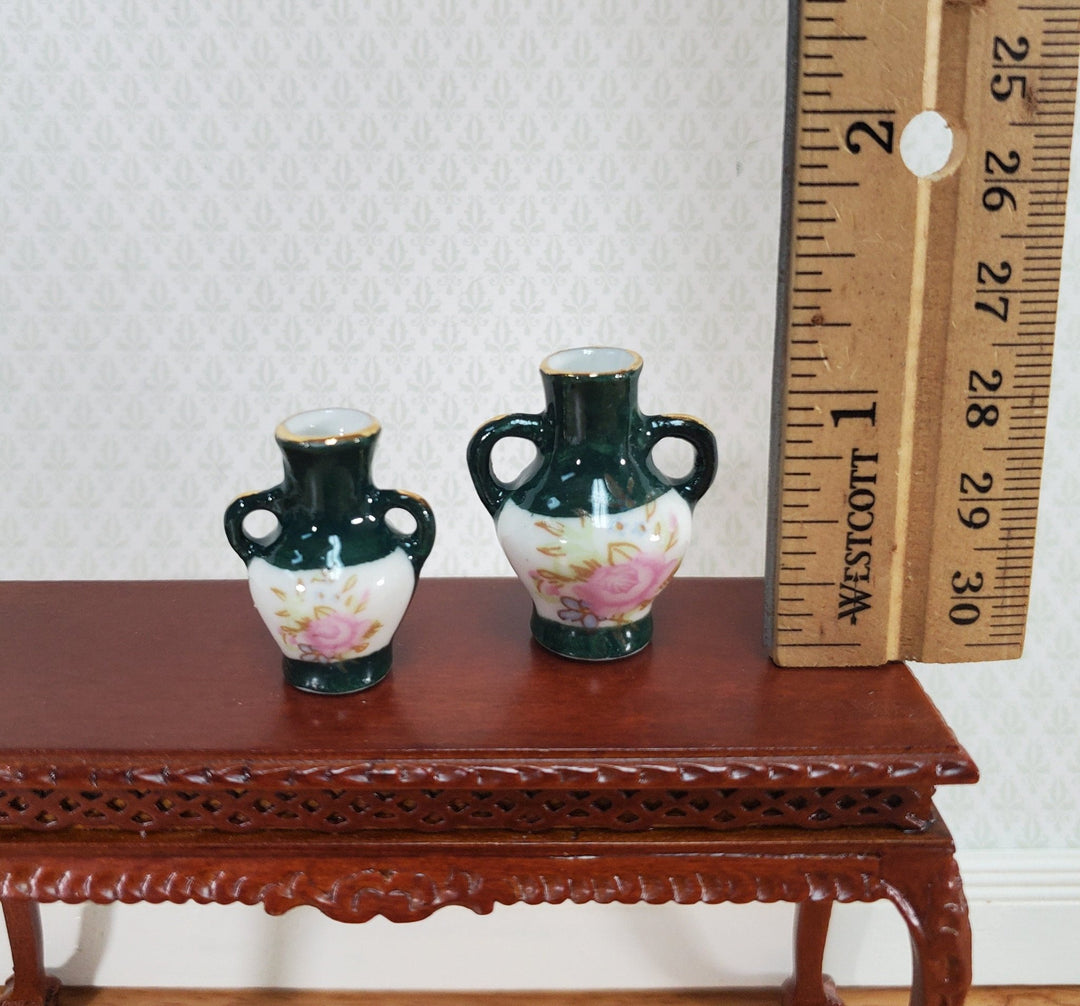 Miniature 2 Handle Vases Large Dark Green & White Set of 2 1:12 Scale Dollhouse Decor - Miniature Crush